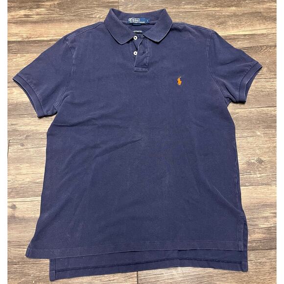 Polo Ralph Lauren Custom Slim Fit Polo Navy Orange Pony Men L Preppy Classic - Picture 2 of 7